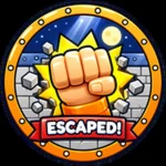 Escaped badge art, a fist through bricks with an Escaped ribbon