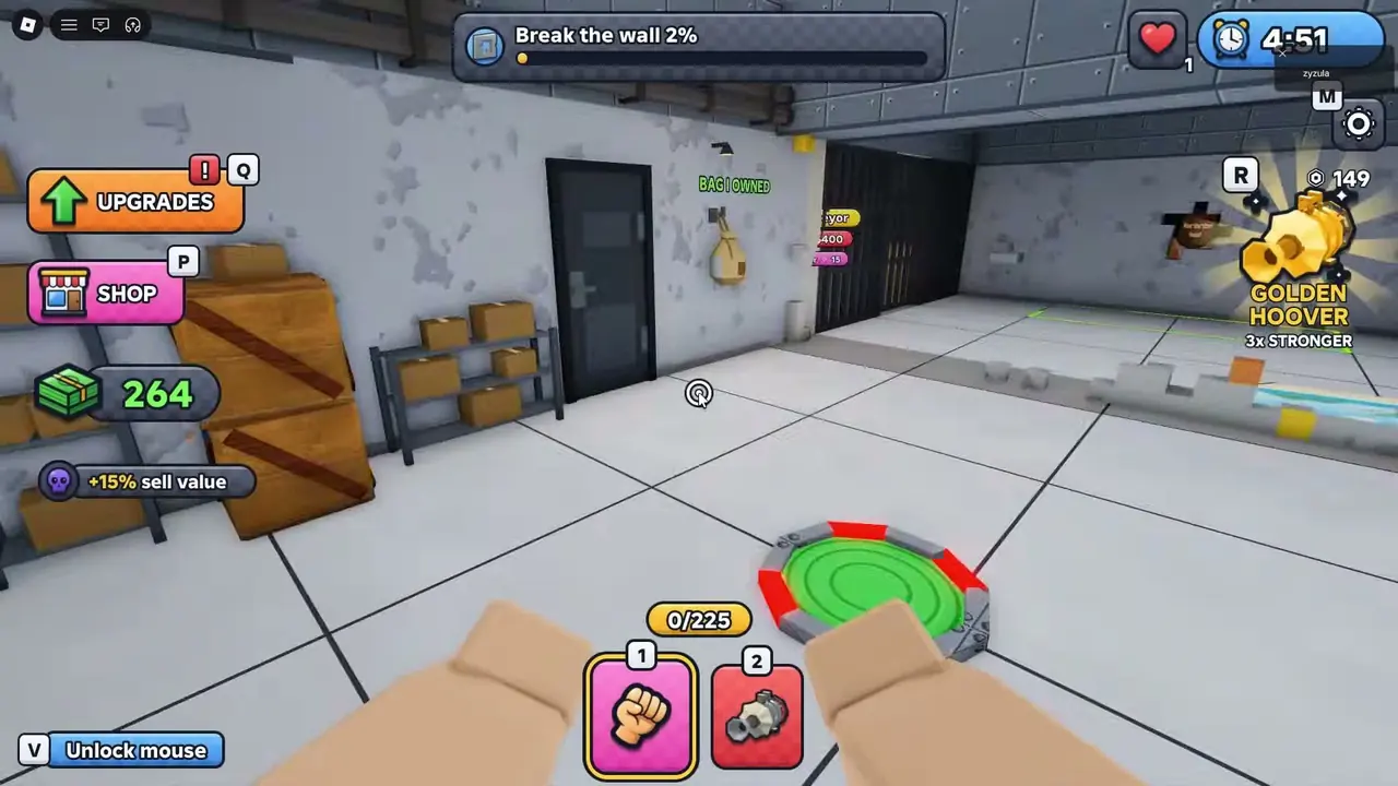 Punch to Escape HUD with Upgrades, Shop, 264 cash, and a 0/225 bag
