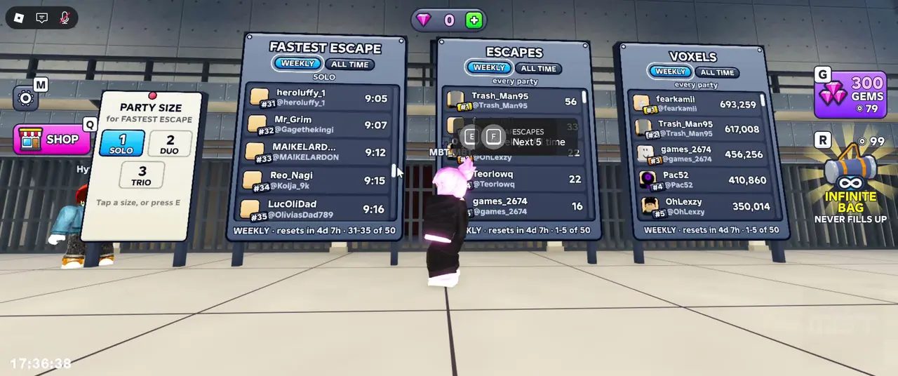 Lobby party size board with Solo, Duo, and Trio next to escape leaderboards