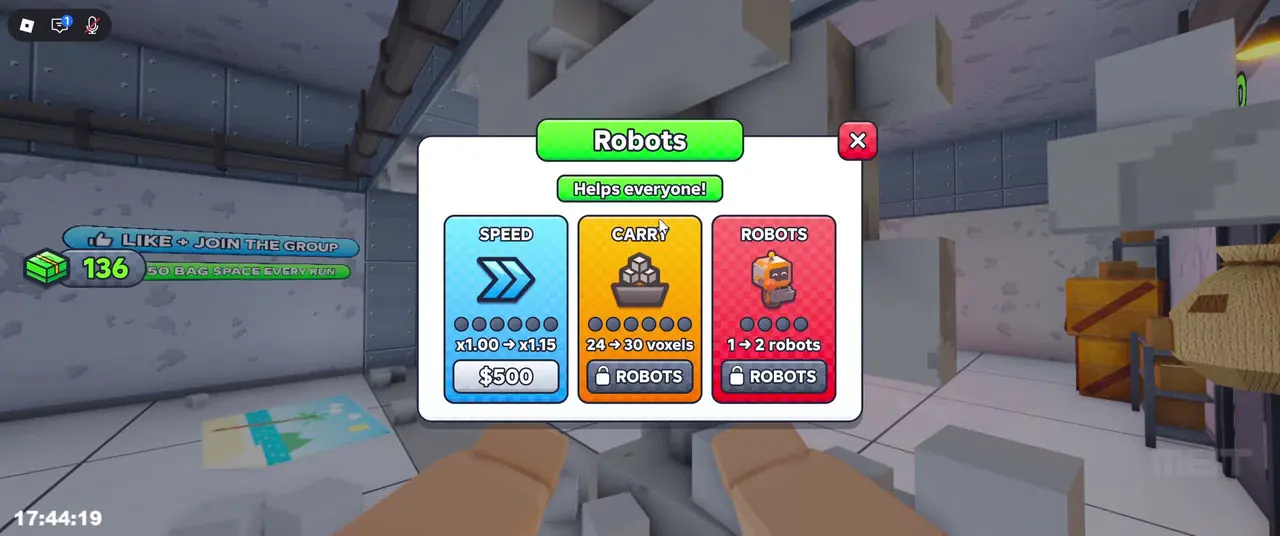 Robots panel labeled Helps everyone, with Speed at $500 and Carry and Robots locked