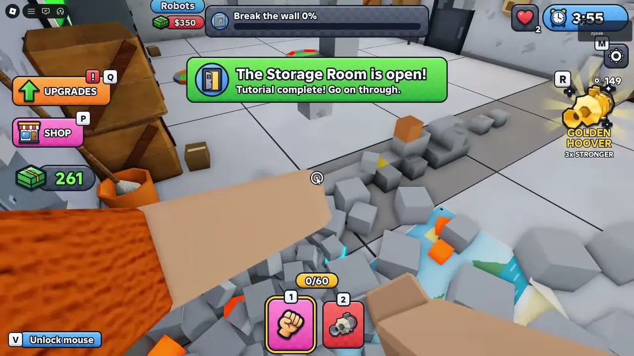 Green banner saying the Storage Room is open and the tutorial is complete