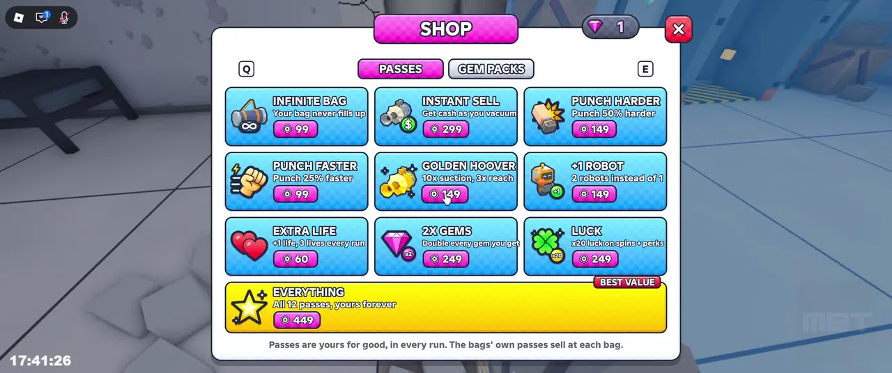 Shop passes tab listing Infinite Bag, Instant Sell, Punch Harder, and the Everything bundle