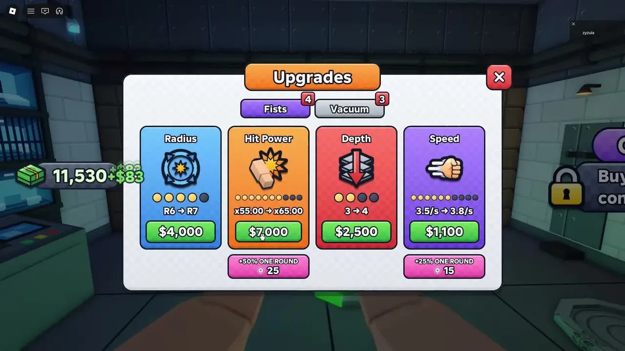 Fists upgrade menu: Radius, Hit Power, Depth, and Speed with cash prices