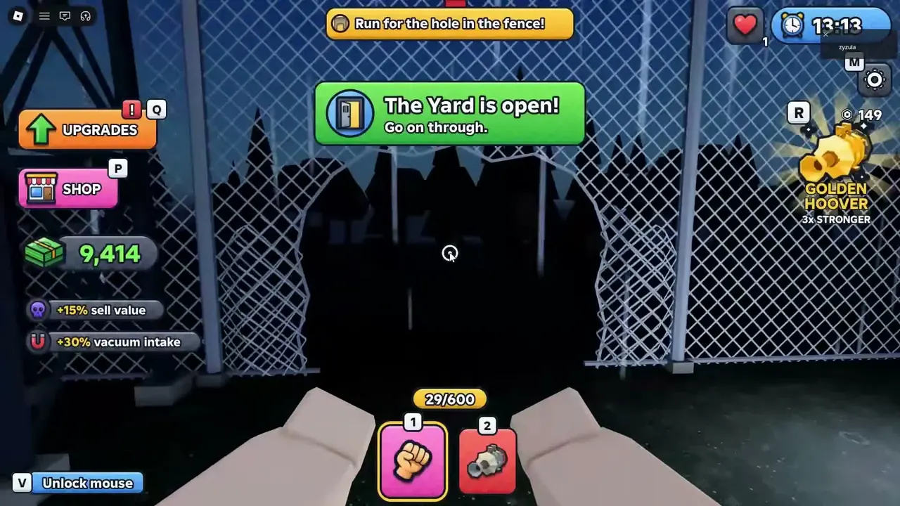 The Yard is open banner in front of a hole in a chain-link fence